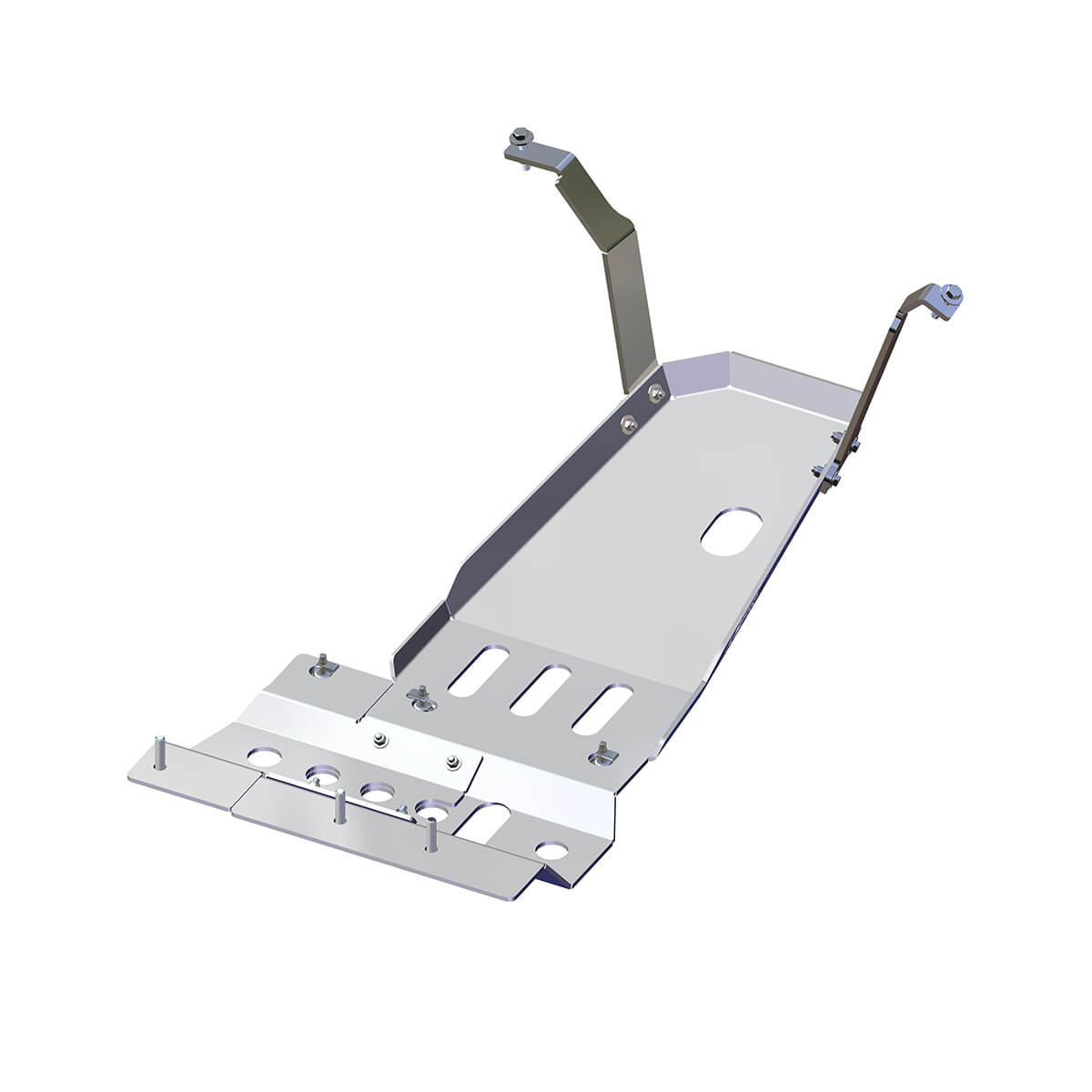 A silver Bash-plate for Jeep Wrangler JL designed with ventilation openings and bolted to a chassis, featuring a combination of aluminum and steel components.